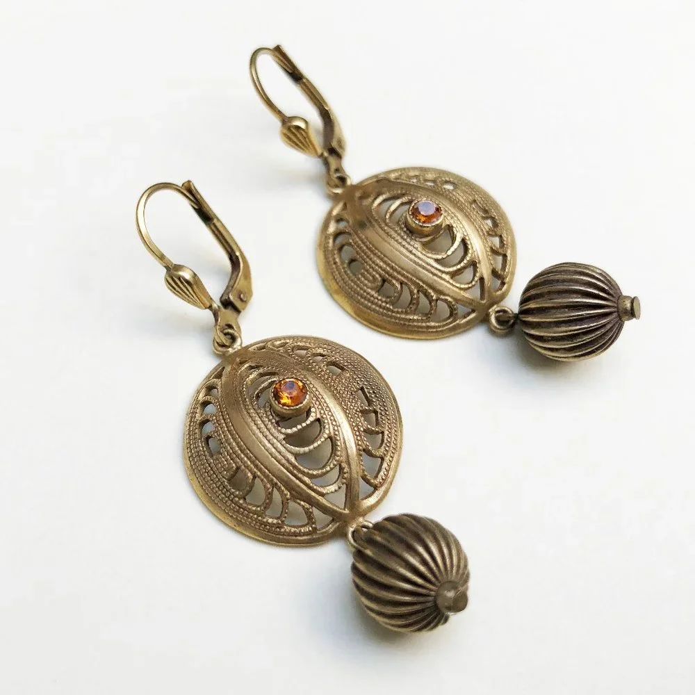 Gold filigree earrings dangle, fancy golden circle earrings